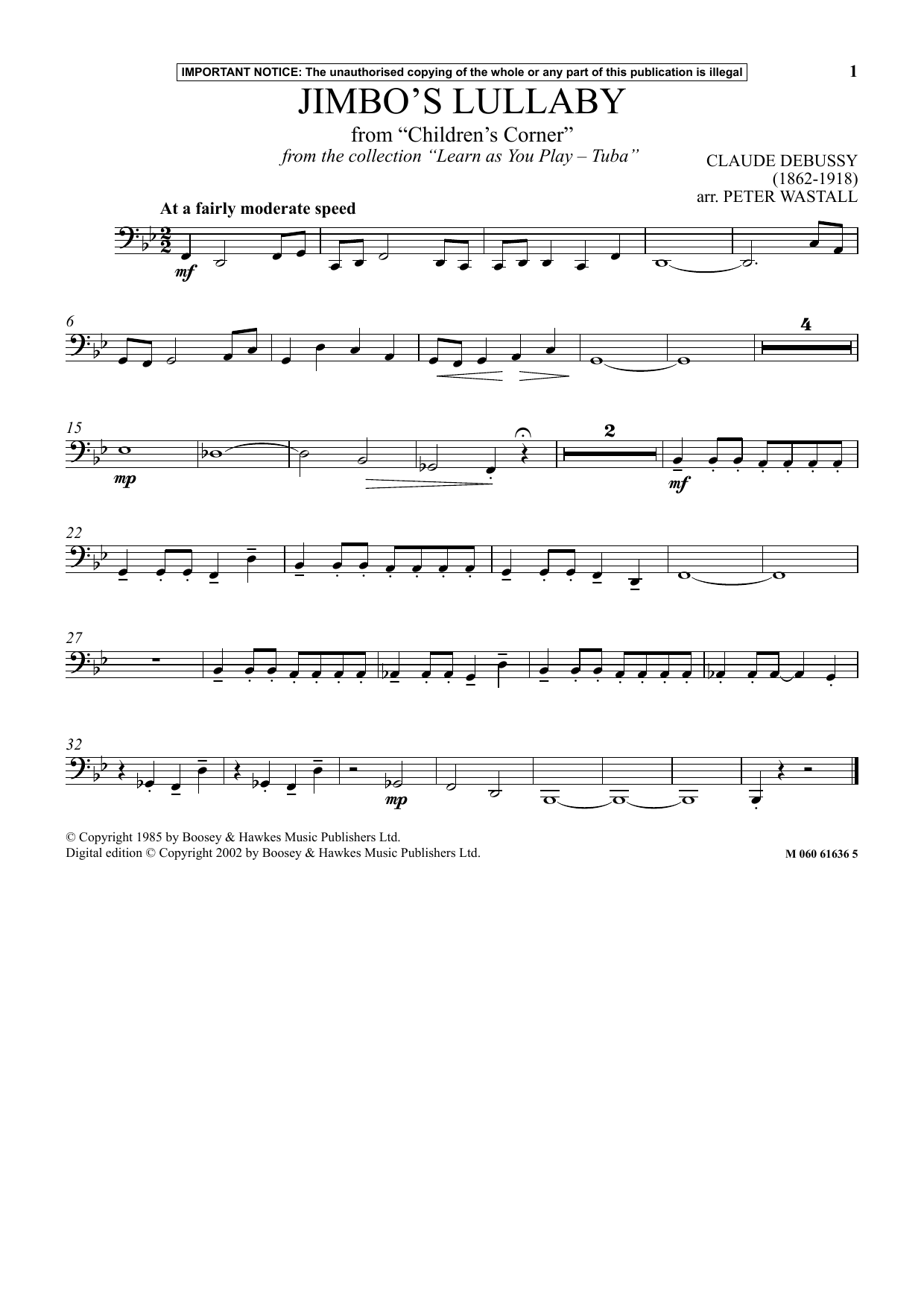 Peter Wastall Jimbo's Lullaby From Children's Corner (from Learn As You Play Tuba) Sheet Music Notes & Chords for Instrumental Solo - Download or Print PDF