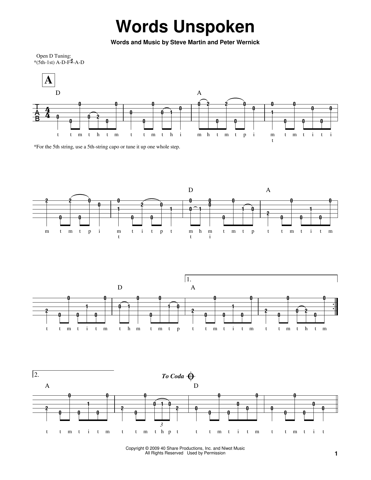 Peter Wernick Words Unspoken Sheet Music Notes & Chords for Banjo - Download or Print PDF