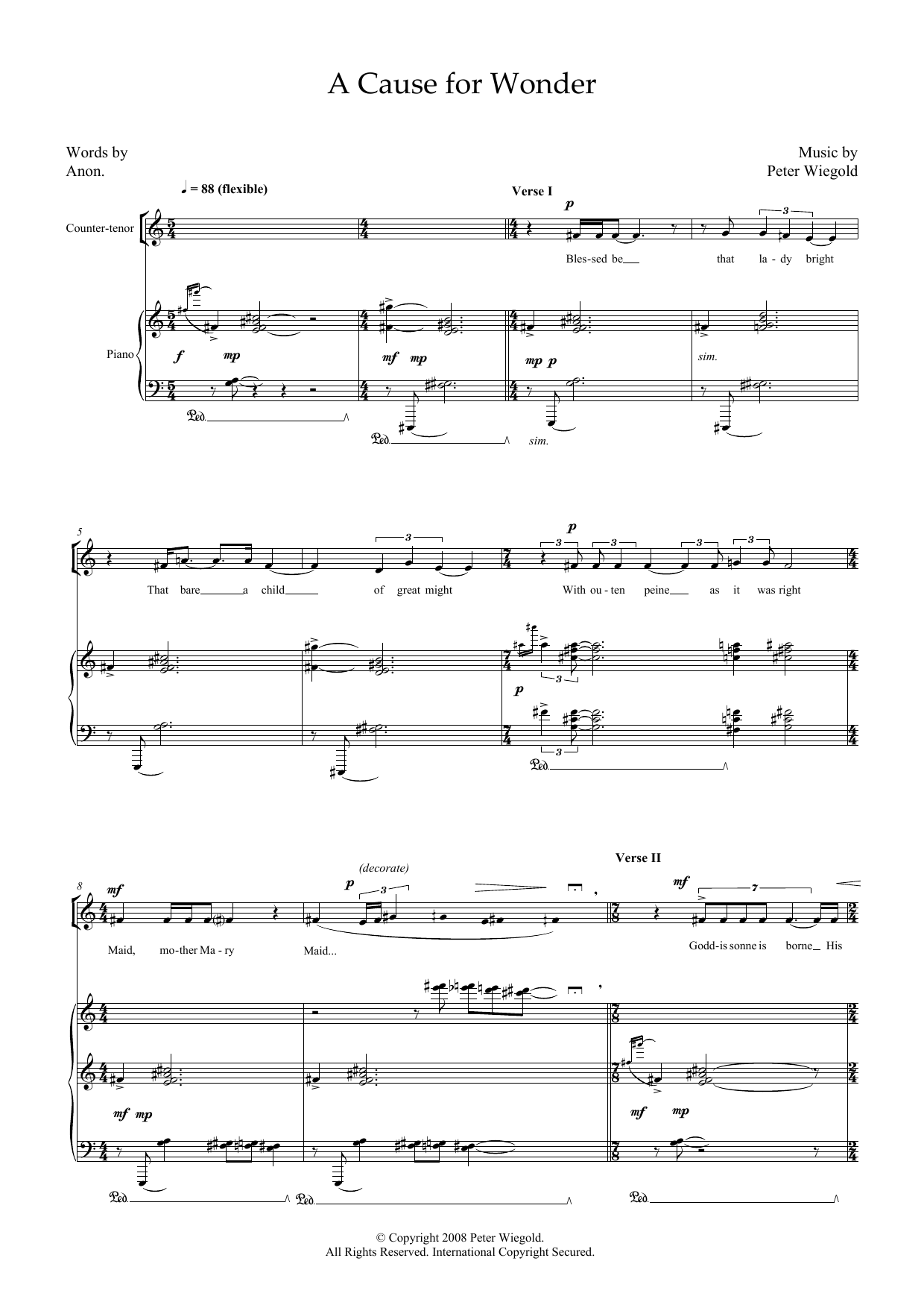 Peter Wiegold A Cause for Wonder (for counter-tenor and piano) Sheet Music Notes & Chords for Piano & Vocal - Download or Print PDF
