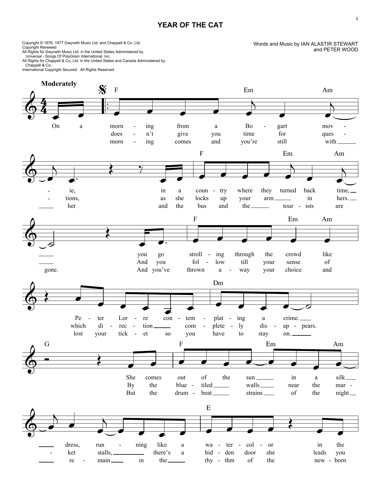 Peter Wood Year Of The Cat Sheet Music Notes & Chords for Melody Line, Lyrics & Chords - Download or Print PDF