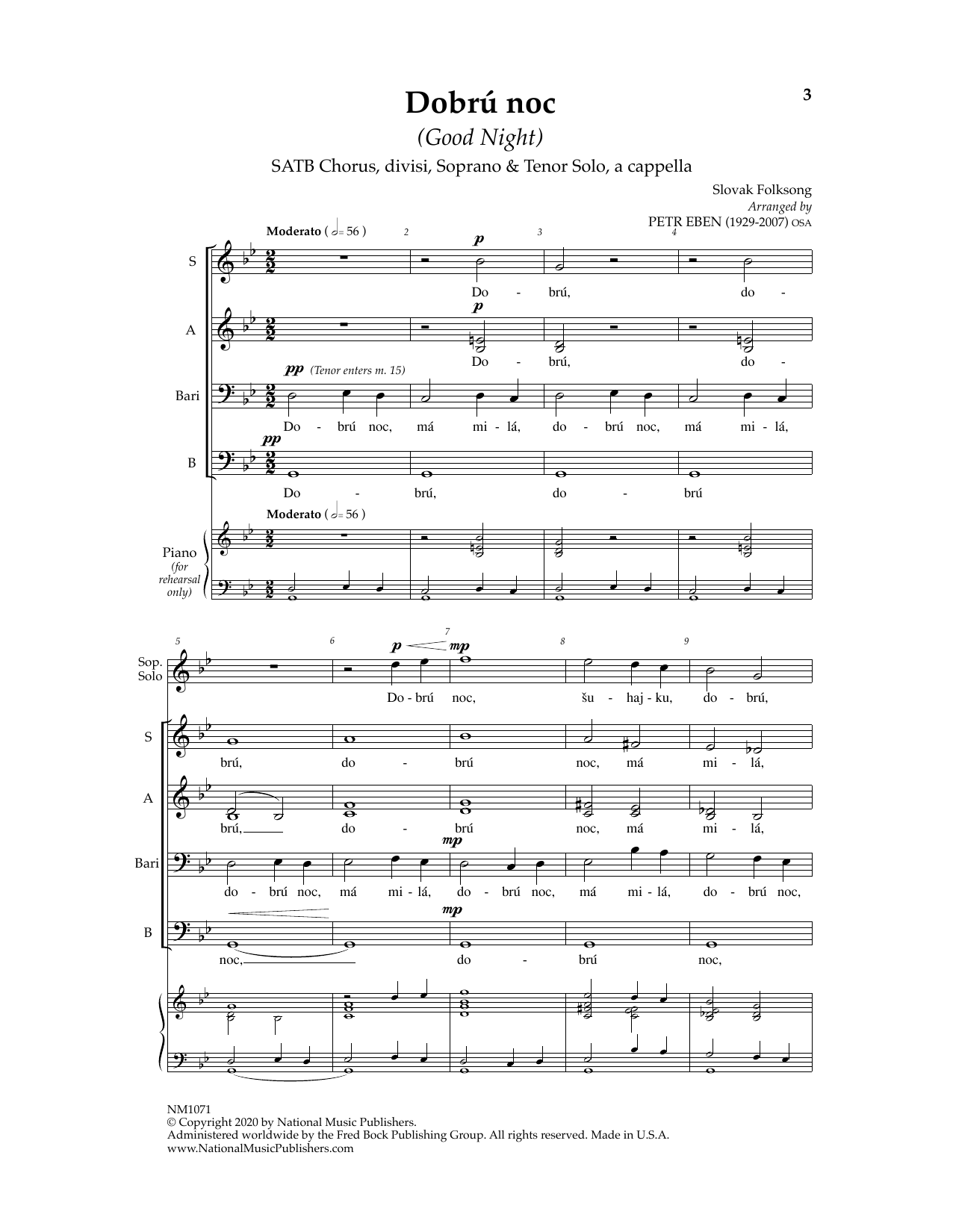 Petr Eben Dobru Noc (Good Night) Sheet Music Notes & Chords for SATB Choir - Download or Print PDF