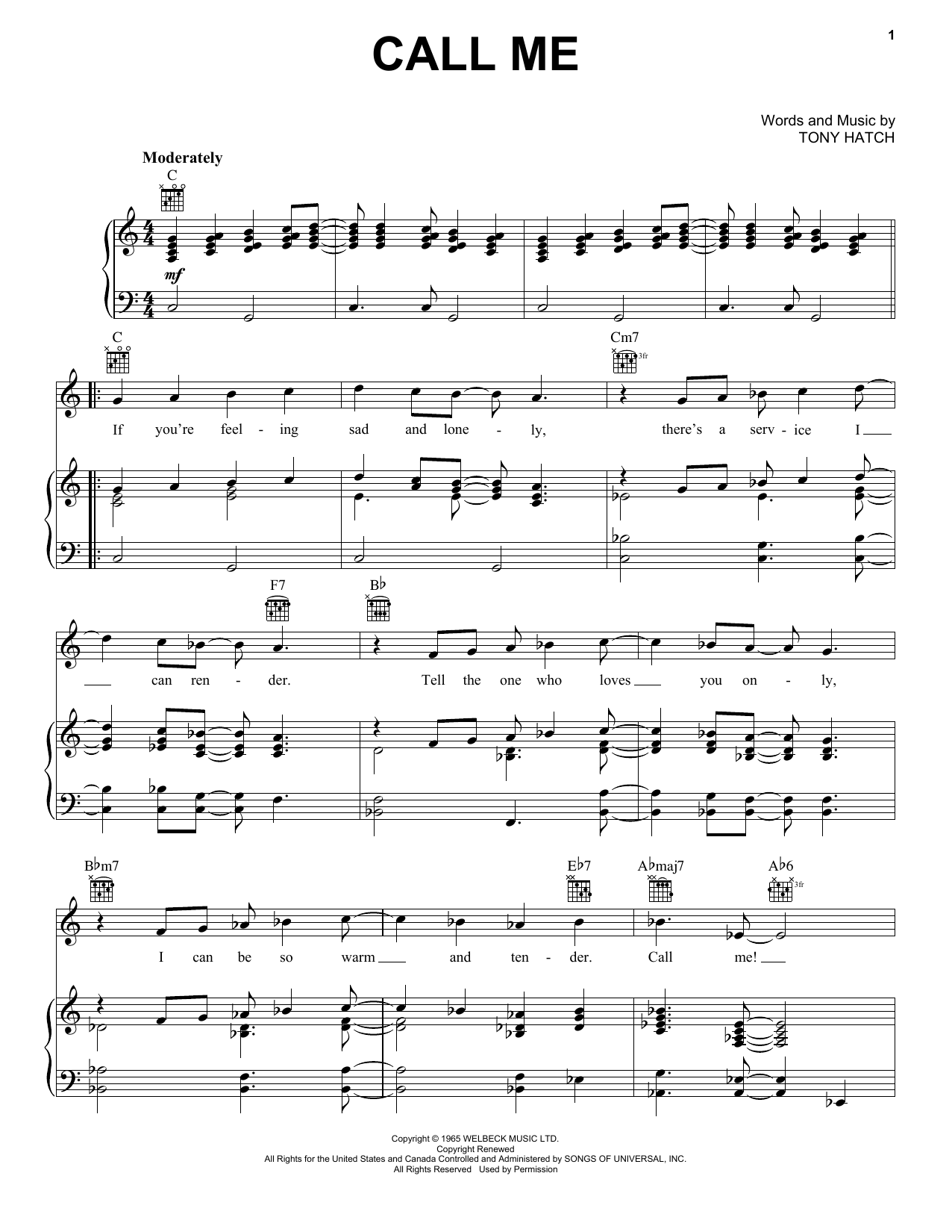 Petula Clark Call Me Sheet Music Notes & Chords for Piano, Vocal & Guitar (Right-Hand Melody) - Download or Print PDF