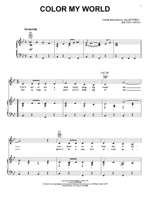 Petula Clark Color My World Sheet Music Notes & Chords for Piano, Vocal & Guitar (Right-Hand Melody) - Download or Print PDF Petula Clark Color My World Sheet Music Notes & Chords for Piano, Vocal & Guitar (Right-Hand Melody) - Download or Print PDF