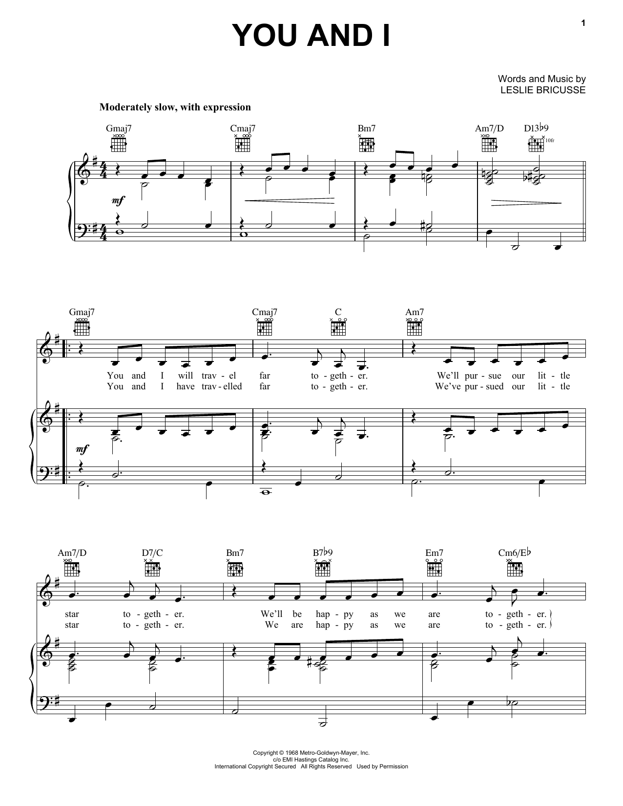 Petula Clark You And I Sheet Music Notes & Chords for Piano, Vocal & Guitar (Right-Hand Melody) - Download or Print PDF