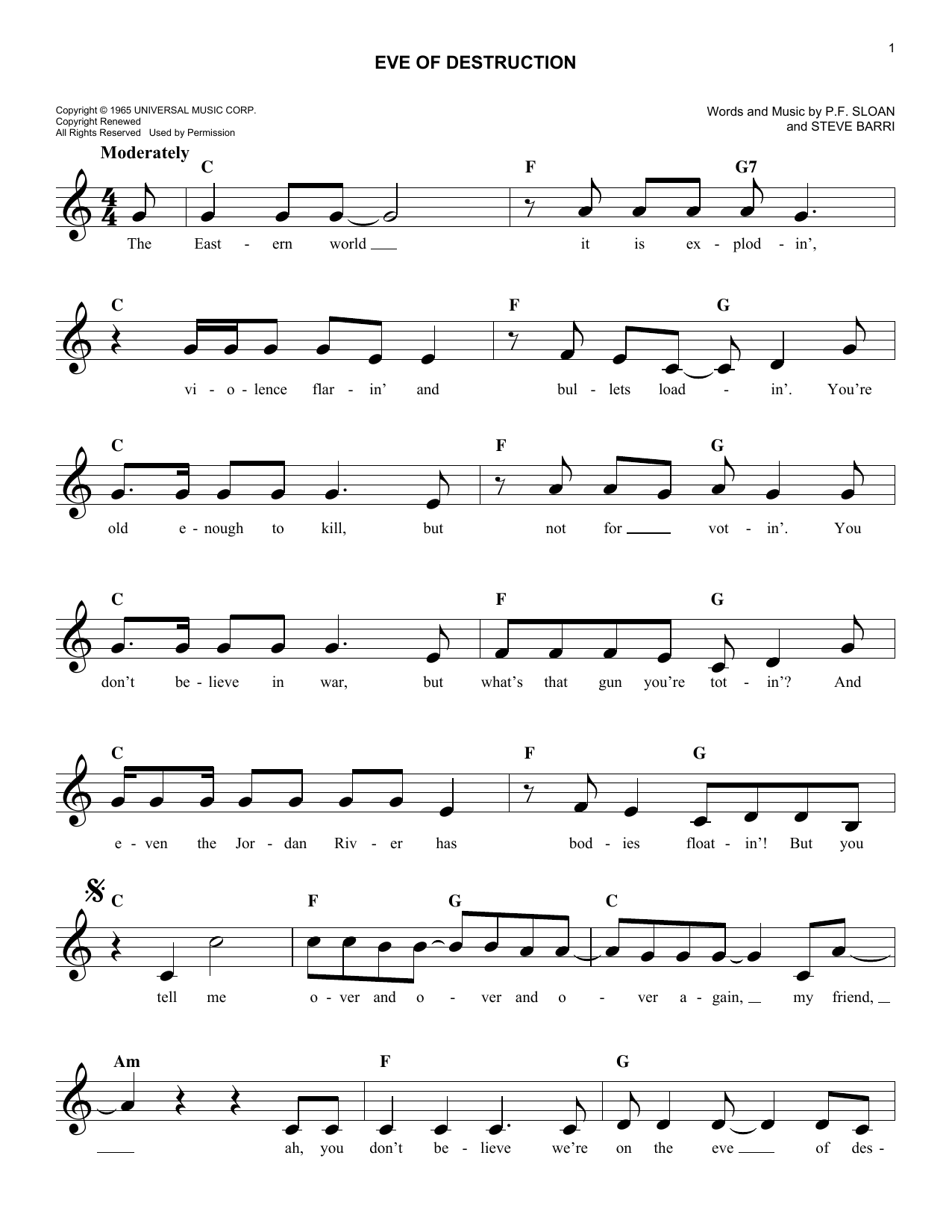 P.F. Sloan Eve Of Destruction Sheet Music Notes & Chords for Melody Line, Lyrics & Chords - Download or Print PDF