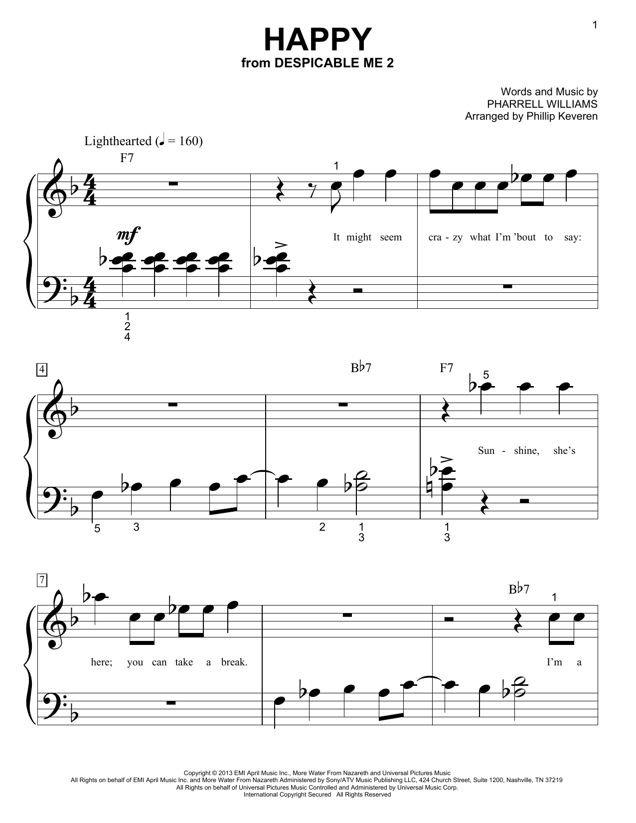 Pharrell Williams Happy Sheet Music Notes & Chords for Piano (Big Notes) - Download or Print PDF