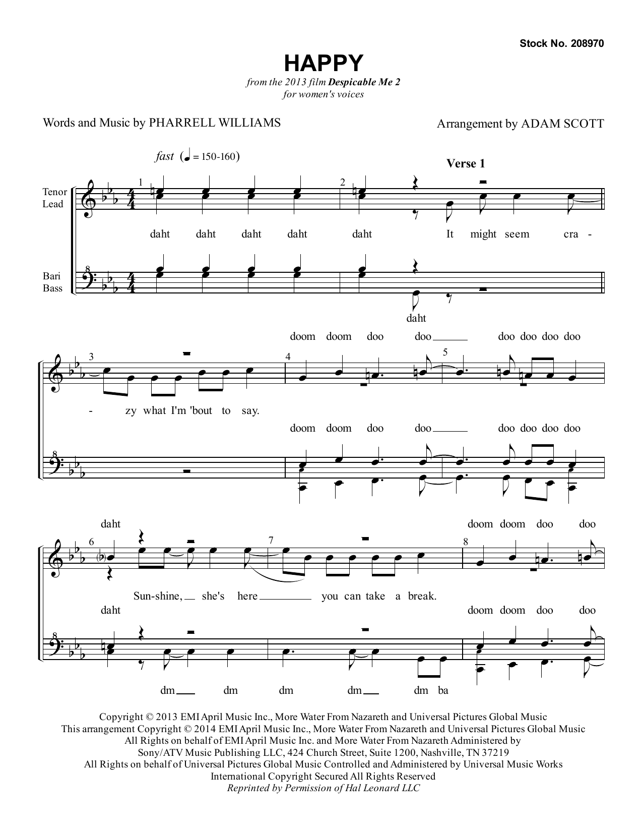 Pharrell Williams Happy (from Despicable Me 2) (arr. Adam Scott) Sheet Music Notes & Chords for SSA Choir - Download or Print PDF