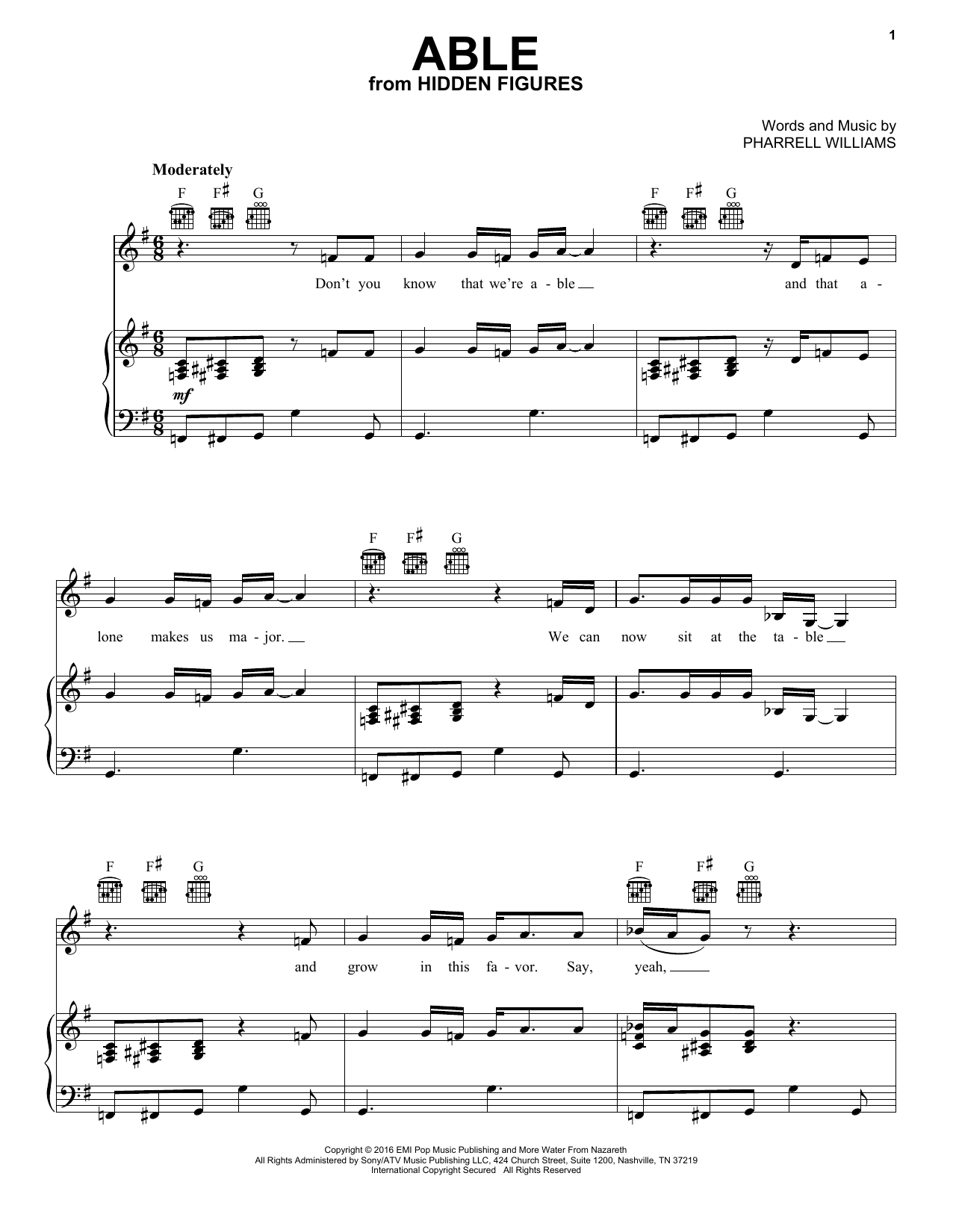Pharrell Williams Able Sheet Music Notes & Chords for Piano, Vocal & Guitar (Right-Hand Melody) - Download or Print PDF