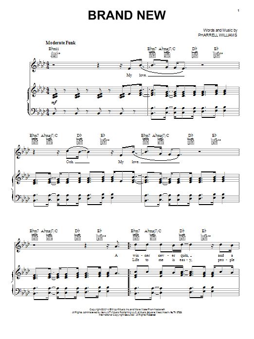 Pharrell Williams Brand New Sheet Music Notes & Chords for Piano, Vocal & Guitar (Right-Hand Melody) - Download or Print PDF Pharrell Williams Brand New Sheet Music Notes & Chords for Piano, Vocal & Guitar (Right-Hand Melody) - Download or Print PDF