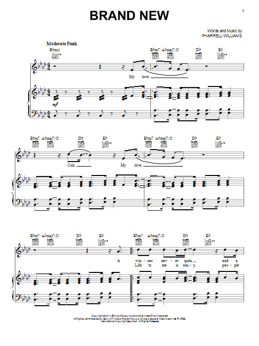 Pharrell Williams Brand New Sheet Music Notes & Chords for Piano, Vocal & Guitar (Right-Hand Melody) - Download or Print PDF