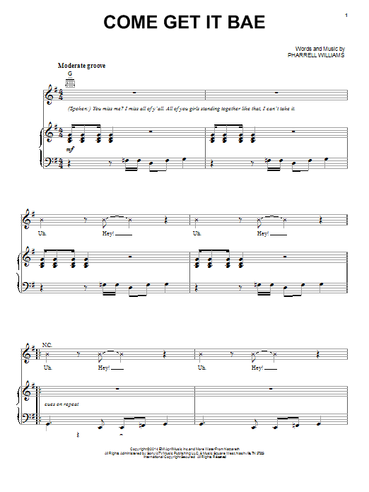 Pharrell Williams Come Get It Bae Sheet Music Notes & Chords for Piano, Vocal & Guitar (Right-Hand Melody) - Download or Print PDF