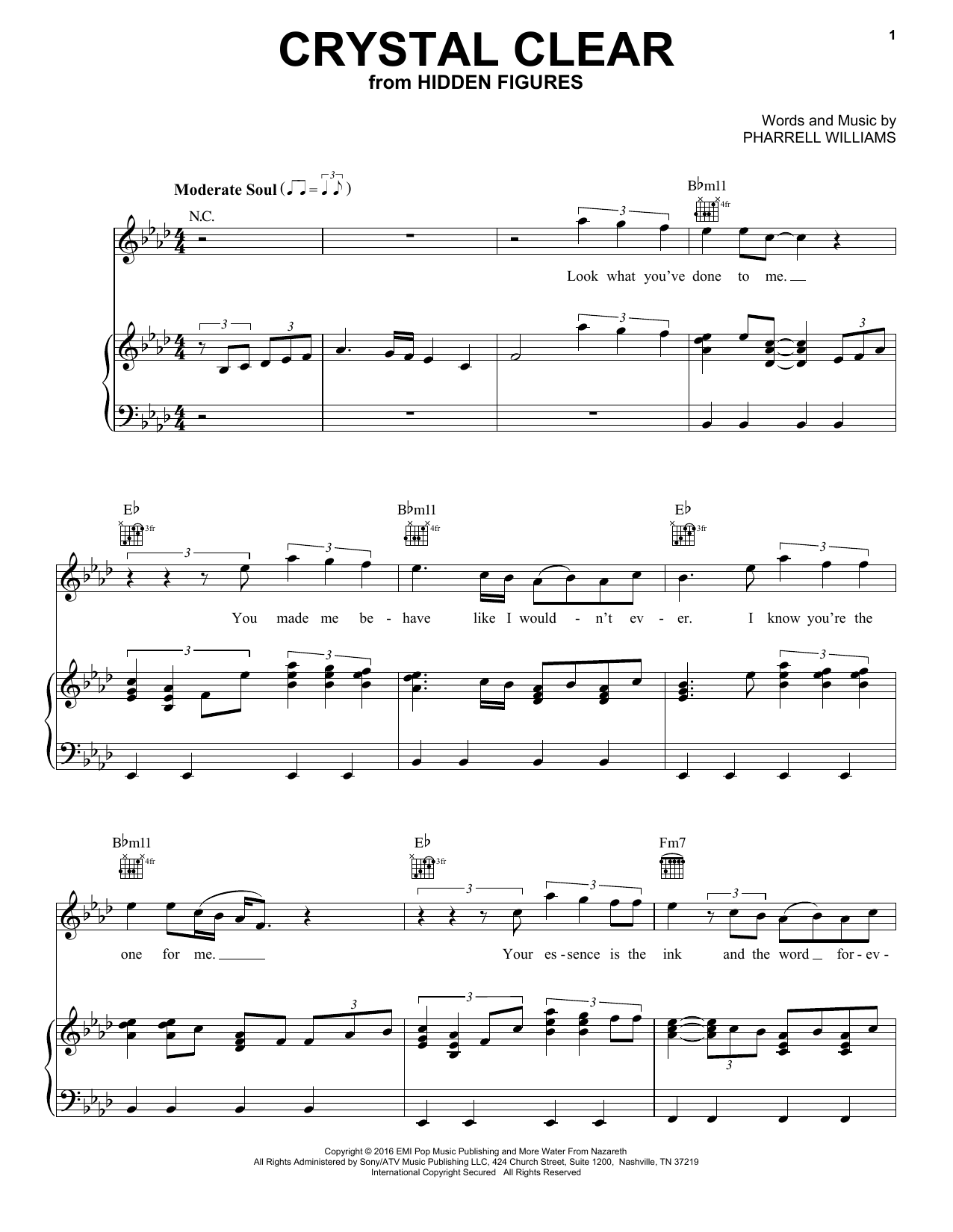 Pharrell Williams Crystal Clear Sheet Music Notes & Chords for Piano, Vocal & Guitar (Right-Hand Melody) - Download or Print PDF