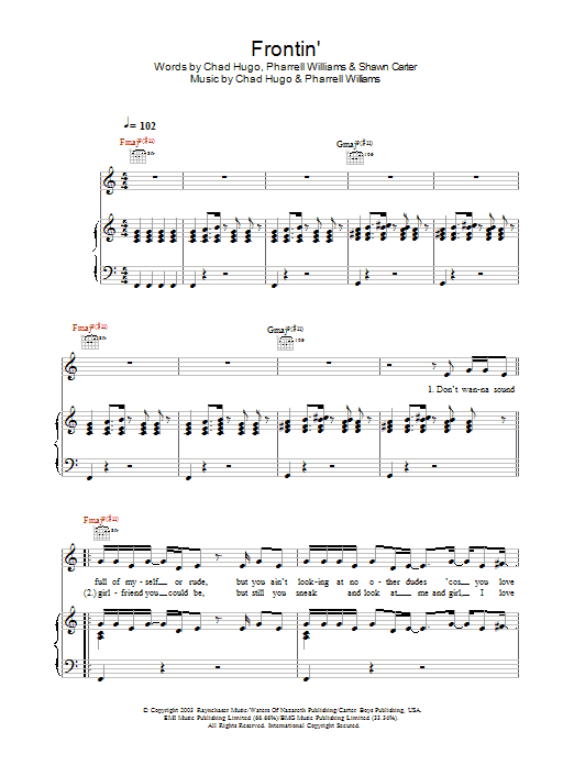 Pharrell Williams Frontin' Sheet Music Notes & Chords for Piano, Vocal & Guitar (Right-Hand Melody) - Download or Print PDF