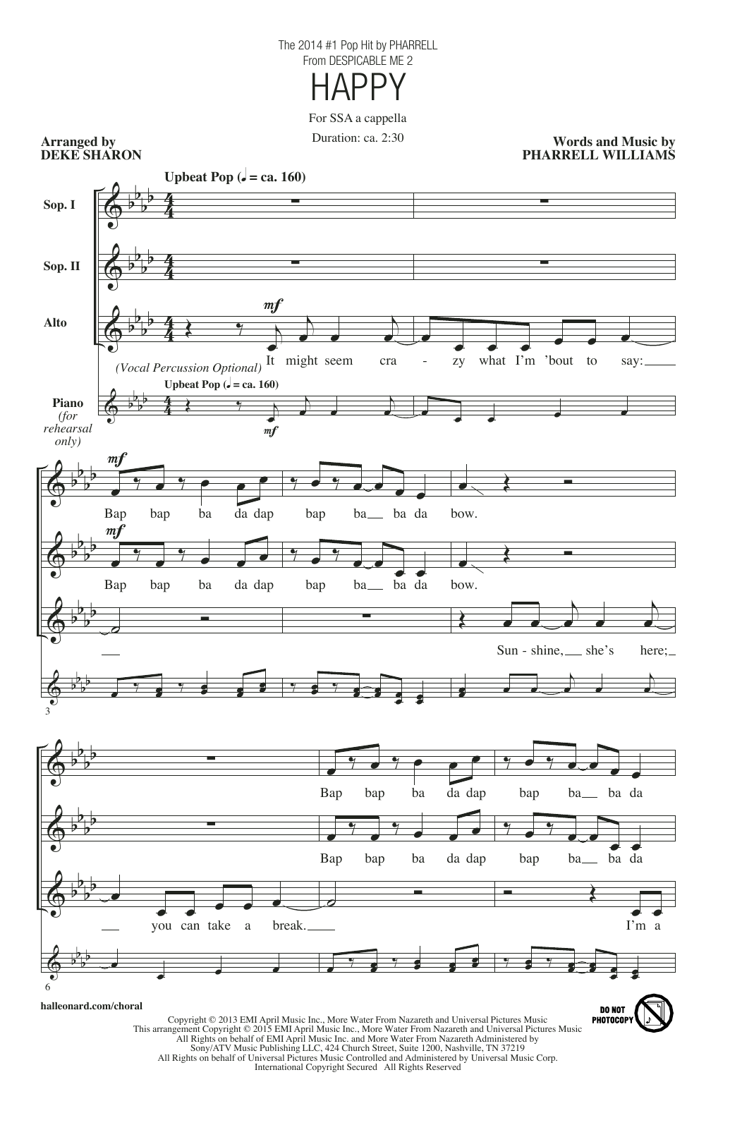 Pharrell Williams Happy (arr. Deke Sharon) Sheet Music Notes & Chords for SSA - Download or Print PDF