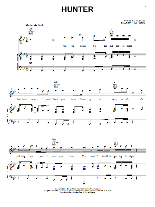 Pharrell Williams Hunter Sheet Music Notes & Chords for Piano, Vocal & Guitar (Right-Hand Melody) - Download or Print PDF