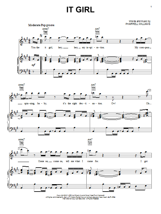 Pharrell Williams It Girl Sheet Music Notes & Chords for Piano, Vocal & Guitar (Right-Hand Melody) - Download or Print PDF