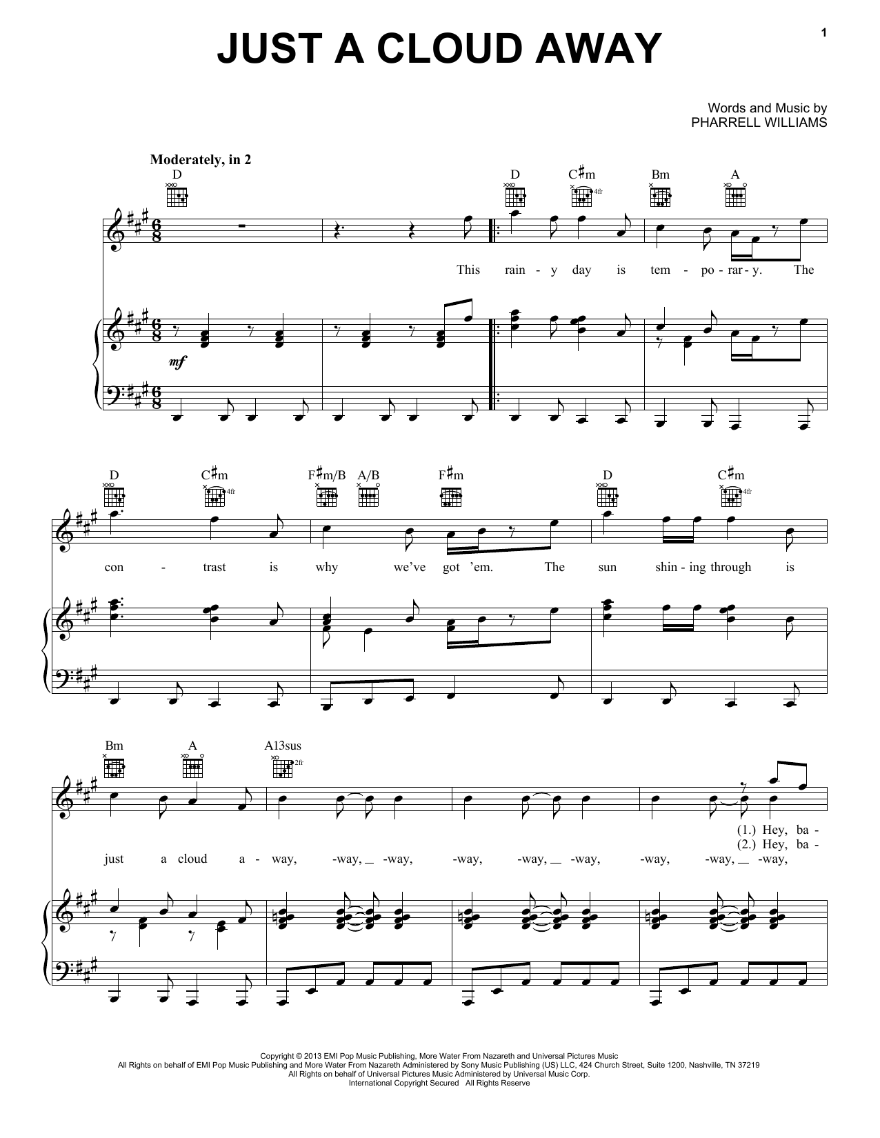 Pharrell Williams Just A Cloud Away (from Despicable Me 2) Sheet Music Notes & Chords for Piano, Vocal & Guitar Chords (Right-Hand Melody) - Download or Print PDF