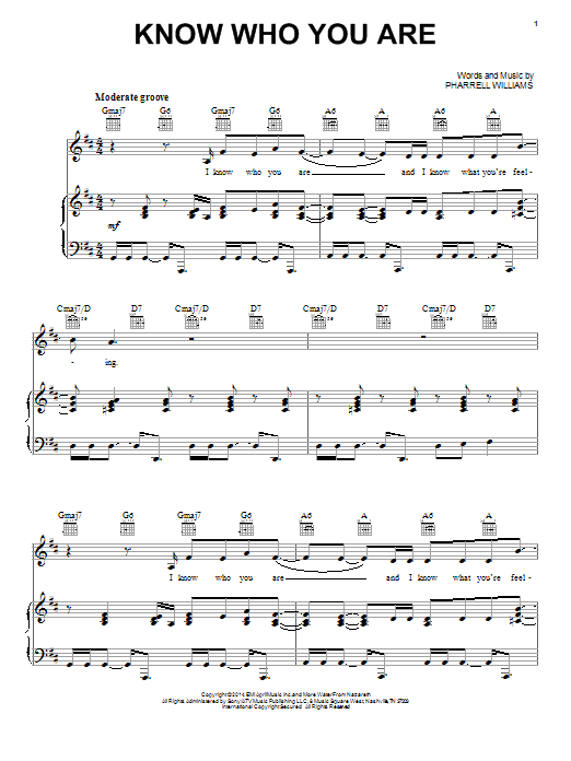 Pharrell Williams Know Who You Are Sheet Music Notes & Chords for Piano, Vocal & Guitar (Right-Hand Melody) - Download or Print PDF