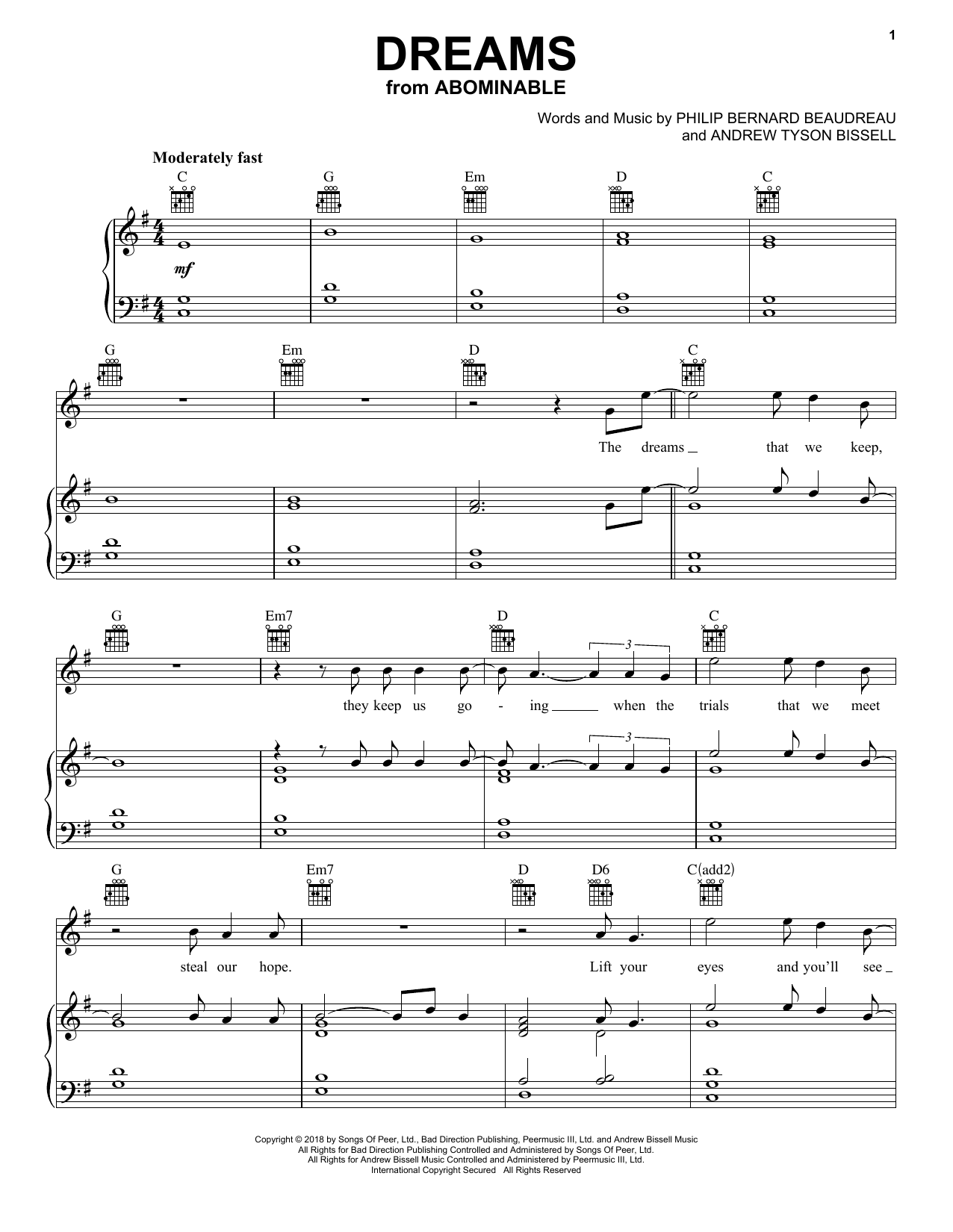 Phil Beaudreau Dreams (from the Motion Picture Abominable) Sheet Music Notes & Chords for Piano, Vocal & Guitar (Right-Hand Melody) - Download or Print PDF