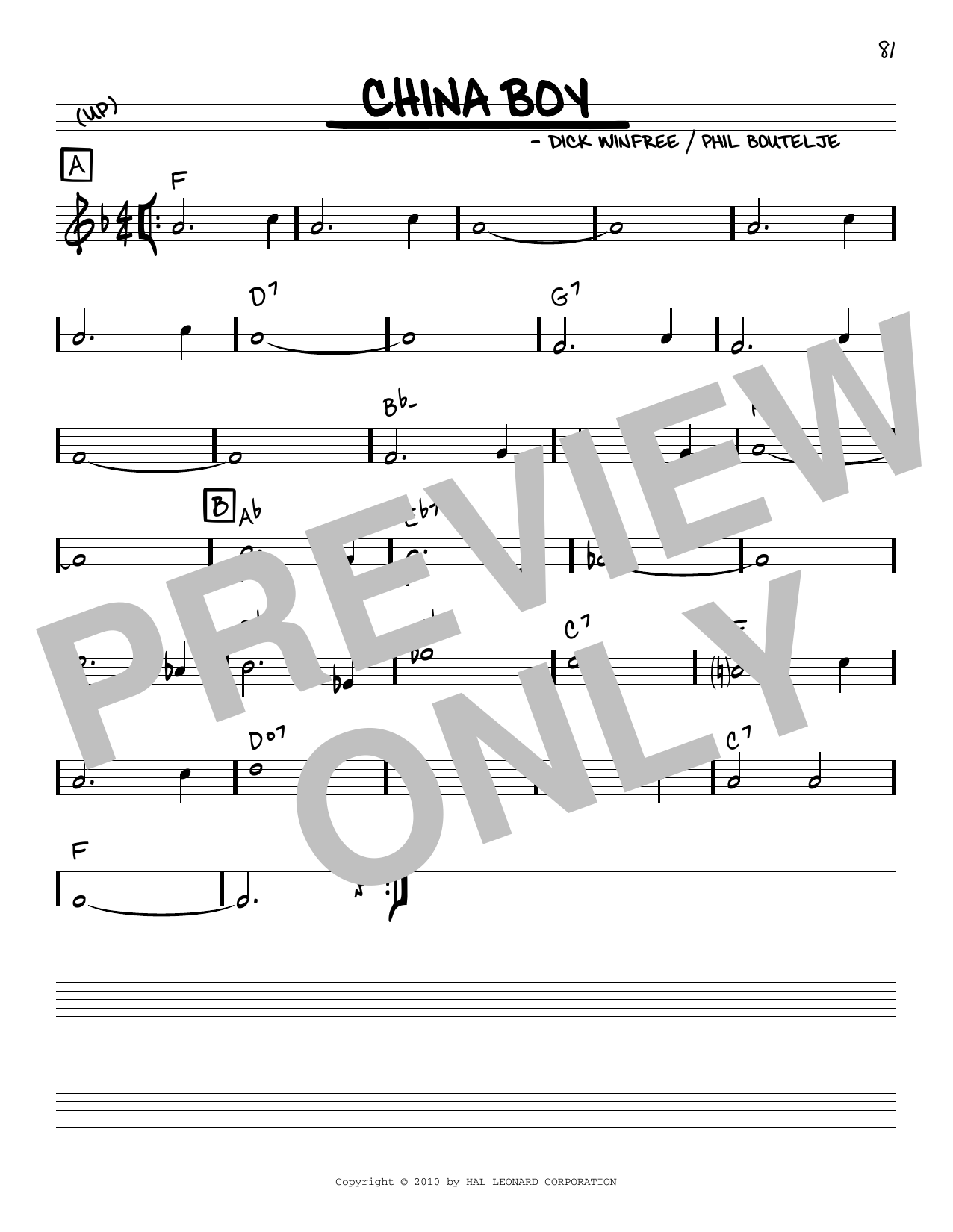 Phil Boutelje China Boy (arr. Robert Rawlins) Sheet Music Notes & Chords for Real Book – Melody, Lyrics & Chords - Download or Print PDF