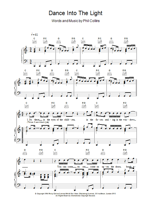 Phil Collins Dance Into The Light Sheet Music Notes & Chords for Piano, Vocal & Guitar (Right-Hand Melody) - Download or Print PDF