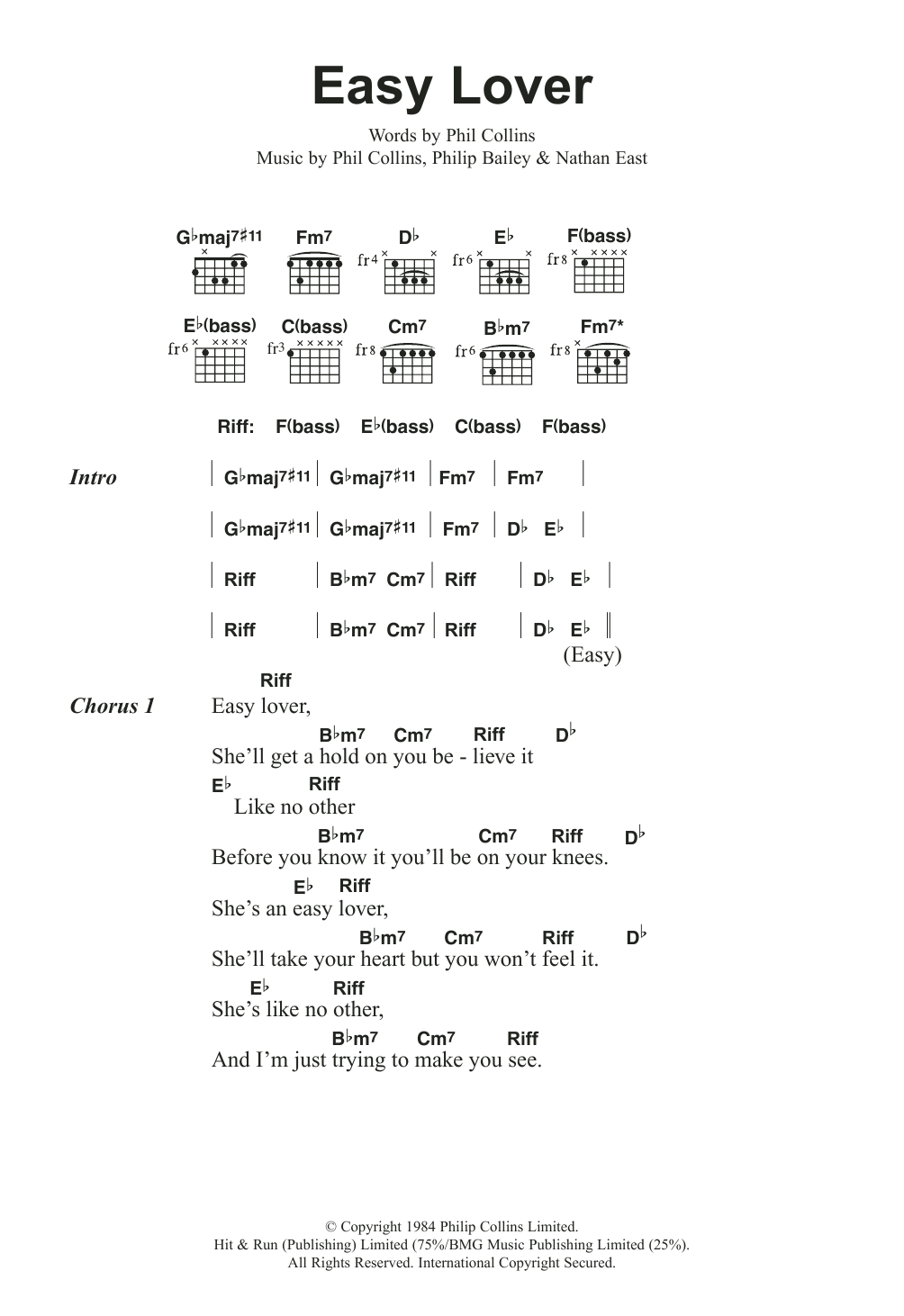 Phil Collins Easy Lover Sheet Music Notes & Chords for Lyrics & Chords - Download or Print PDF
