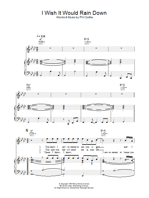 Phil Collins I Wish It Would Rain Down Sheet Music Notes & Chords for Piano, Vocal & Guitar (Right-Hand Melody) - Download or Print PDF