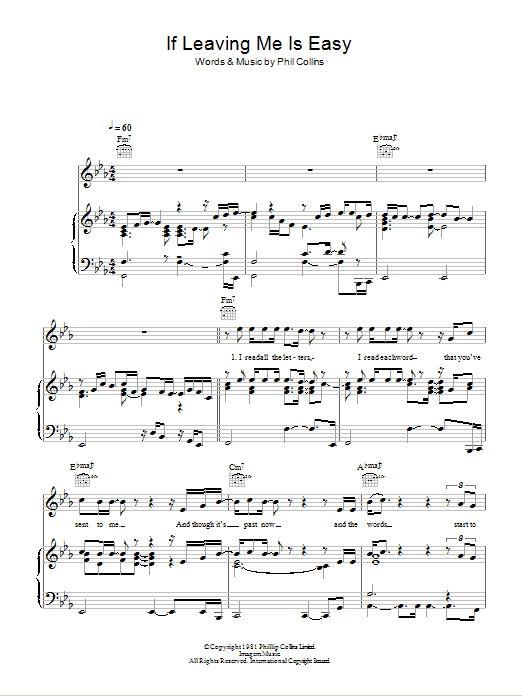 Phil Collins If Leaving Me Is Easy Sheet Music Notes & Chords for Piano, Vocal & Guitar (Right-Hand Melody) - Download or Print PDF