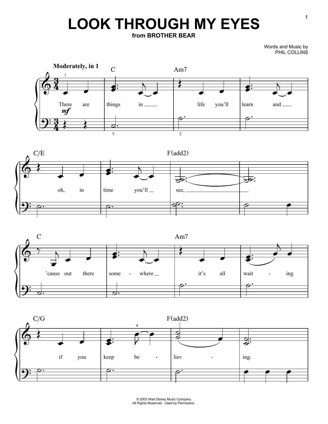 Phil Collins Look Through My Eyes (from Disney's Brother Bear) Sheet Music Notes & Chords for Very Easy Piano - Download or Print PDF