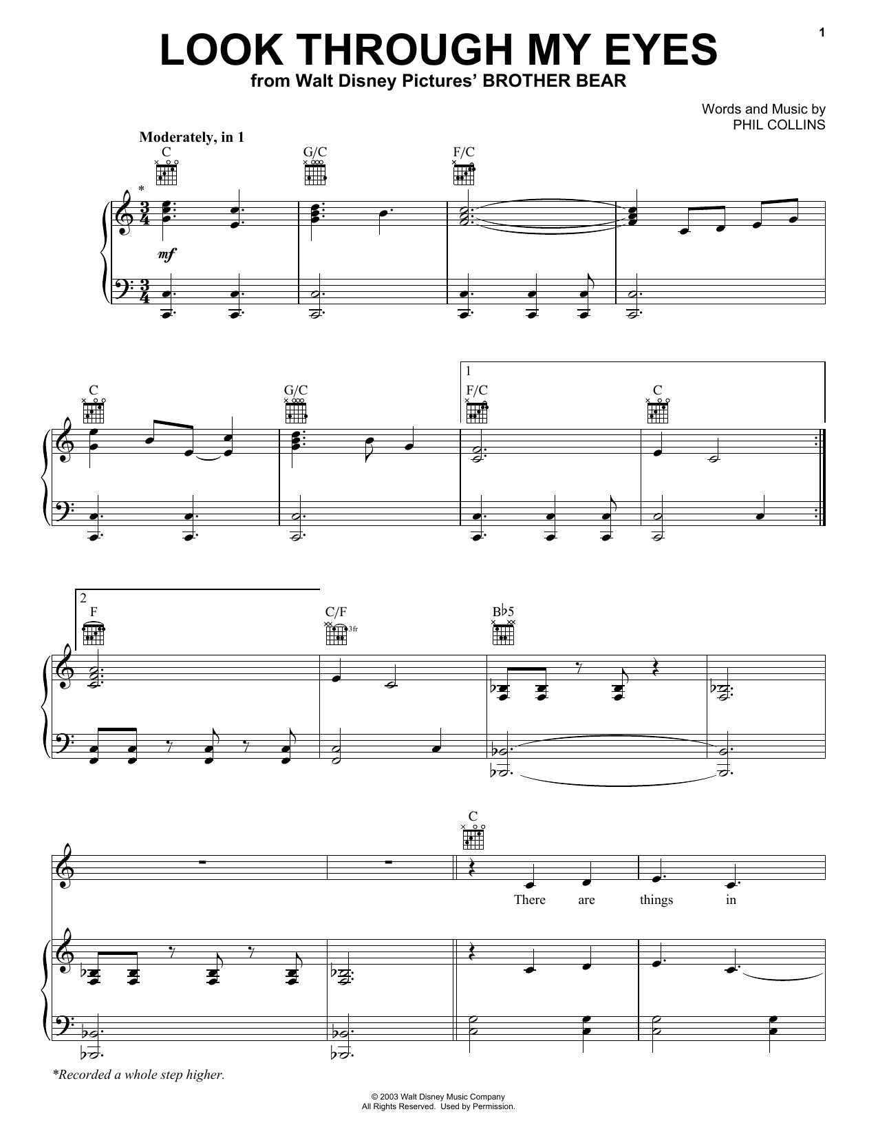 Phil Collins Look Through My Eyes Sheet Music Notes & Chords for Easy Guitar Tab - Download or Print PDF