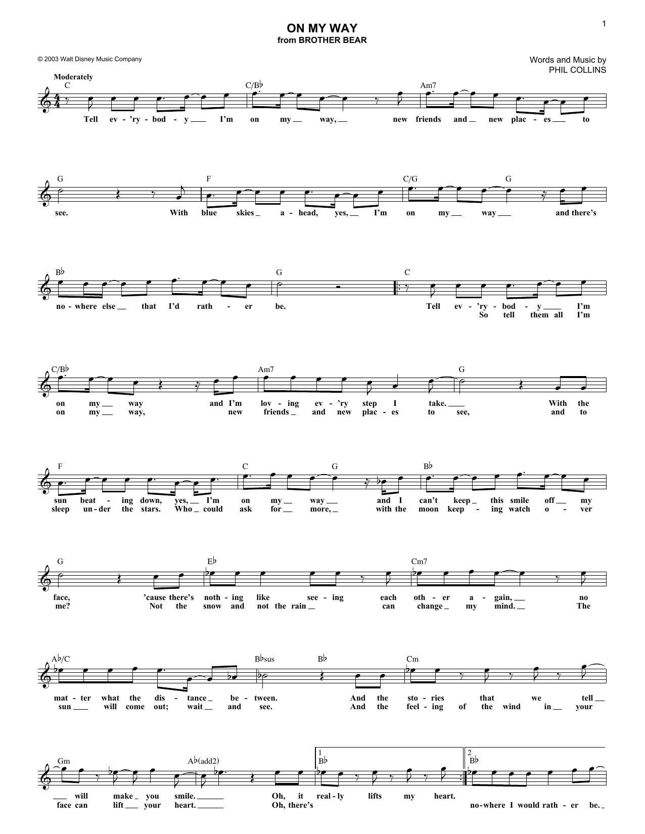 Phil Collins On My Way (from Brother Bear) Sheet Music Notes & Chords for Lead Sheet / Fake Book - Download or Print PDF