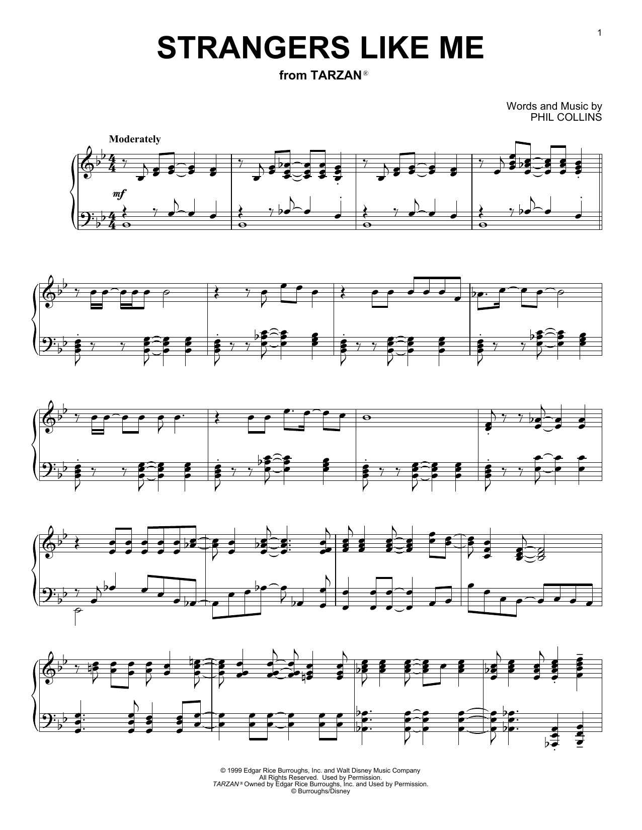 Phil Collins Strangers Like Me (from Disney's Tarzan) Sheet Music Notes & Chords for Piano Solo - Download or Print PDF