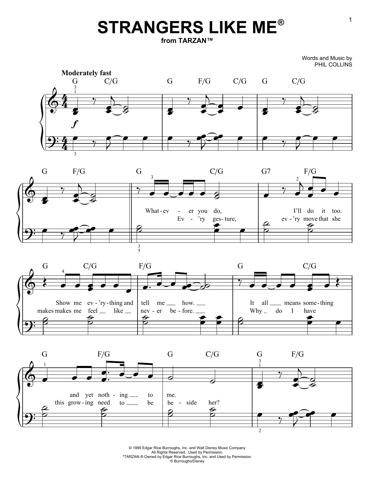 Phil Collins Strangers Like Me (from Tarzan) Sheet Music Notes & Chords for Easy Guitar Tab - Download or Print PDF
