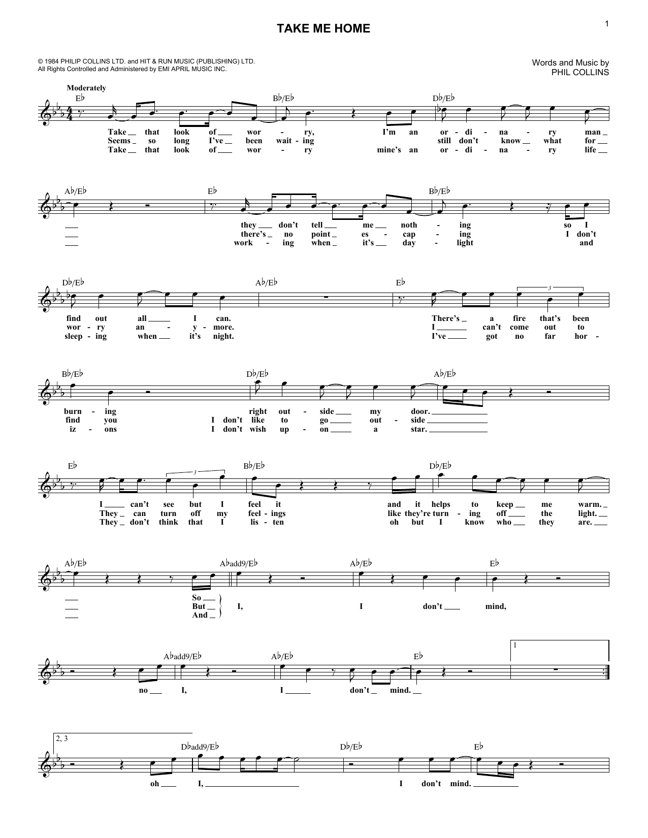 Phil Collins Take Me Home Sheet Music Notes & Chords for Melody Line, Lyrics & Chords - Download or Print PDF