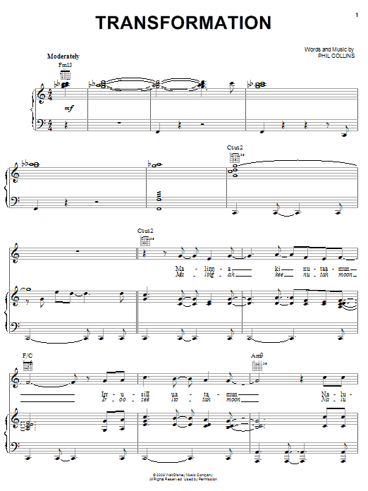 Phil Collins Transformation Sheet Music Notes & Chords for Piano, Vocal & Guitar (Right-Hand Melody) - Download or Print PDF