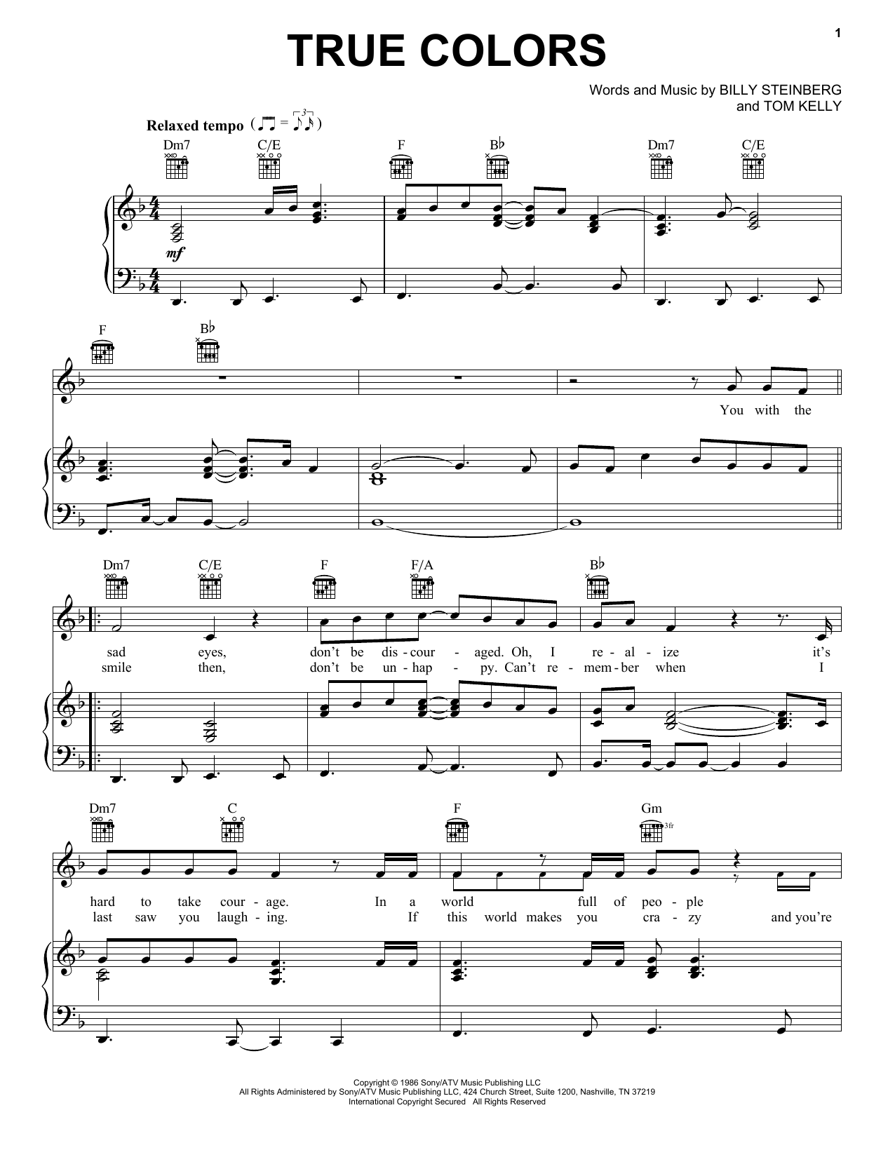 Cyndi Lauper True Colors Sheet Music Notes & Chords for Piano, Vocal & Guitar (Right-Hand Melody) - Download or Print PDF
