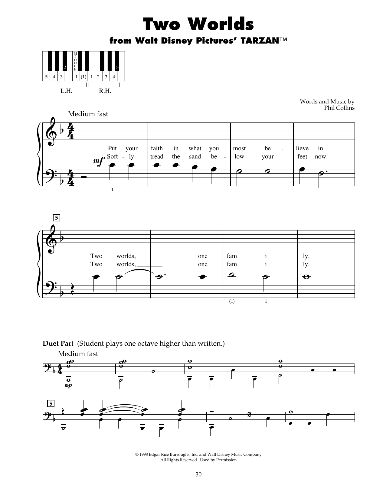 Phil Collins Two Worlds (from Tarzan) Sheet Music Notes & Chords for 5-Finger Piano - Download or Print PDF