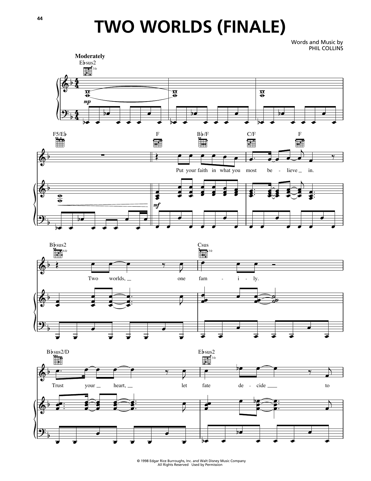 Phil Collins Two Worlds* (Finale) (from Tarzan) Sheet Music Notes & Chords for Piano, Vocal & Guitar Chords (Right-Hand Melody) - Download or Print PDF