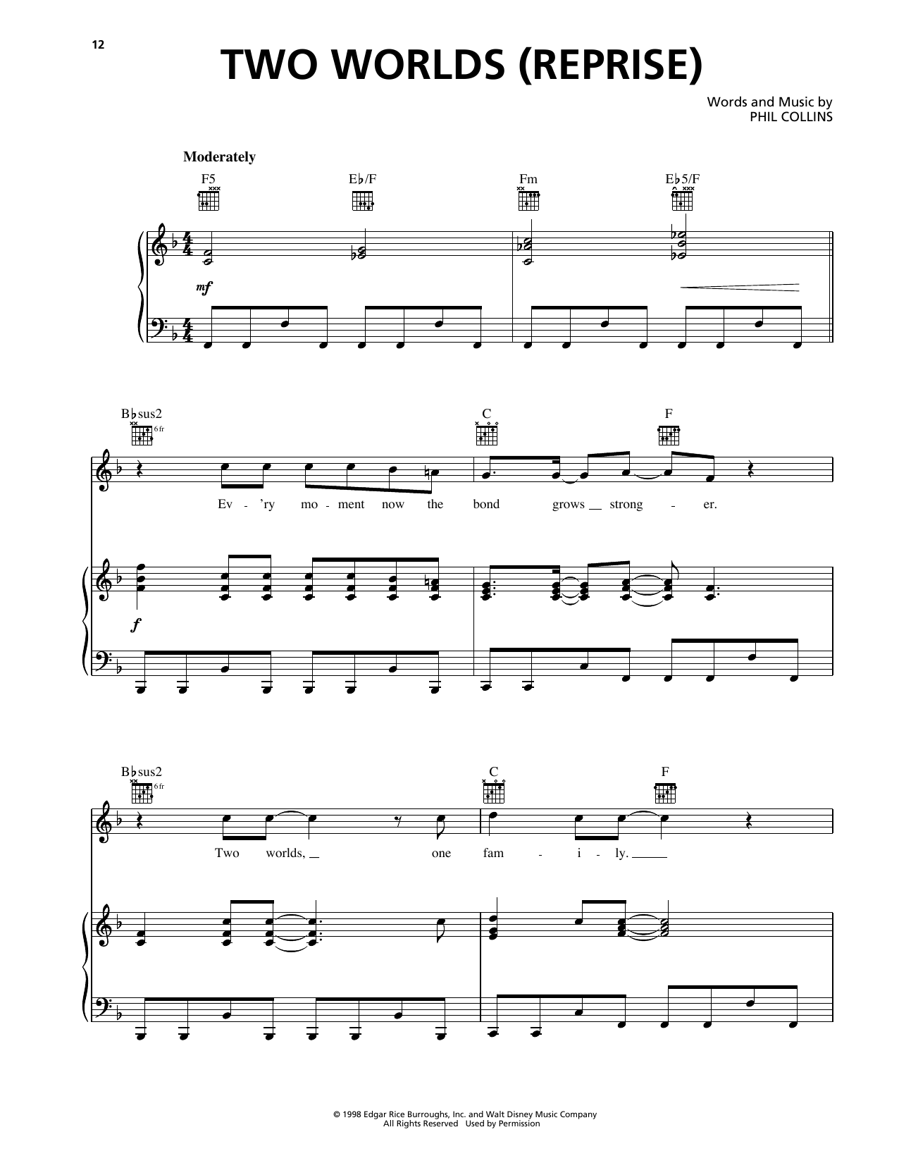 Phil Collins Two Worlds* (Reprise) (from Tarzan) Sheet Music Notes & Chords for Piano, Vocal & Guitar Chords (Right-Hand Melody) - Download or Print PDF