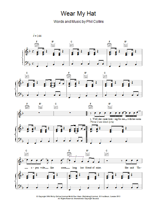 Phil Collins Wear My Hat Sheet Music Notes & Chords for Piano, Vocal & Guitar - Download or Print PDF