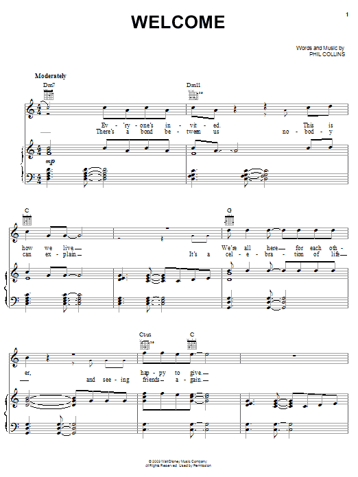 Phil Collins Welcome Sheet Music Notes & Chords for Piano, Vocal & Guitar (Right-Hand Melody) - Download or Print PDF