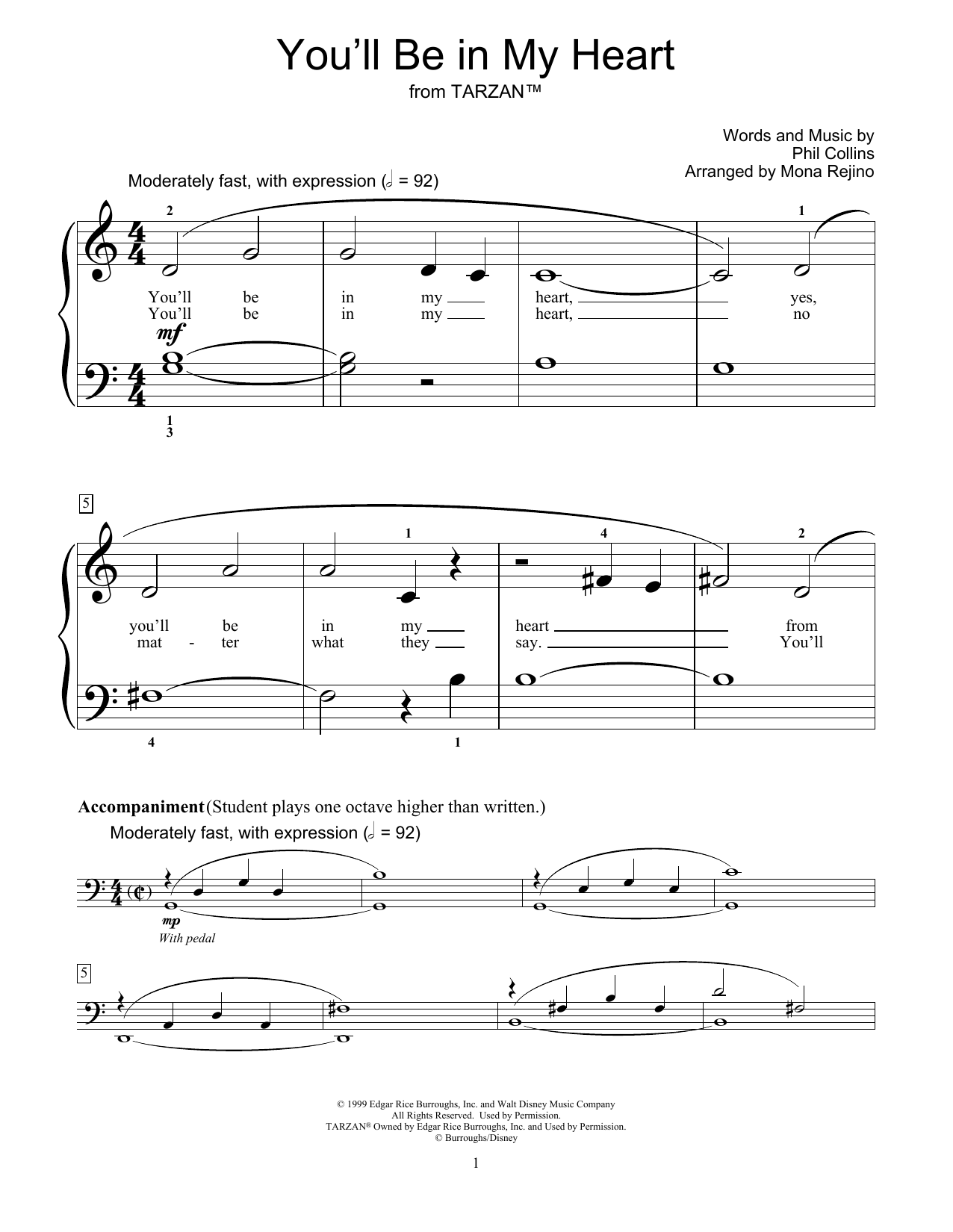 Phil Collins You'll Be In My Heart (from Tarzan) (arr. Mona Rejino) Sheet Music Notes & Chords for Educational Piano - Download or Print PDF
