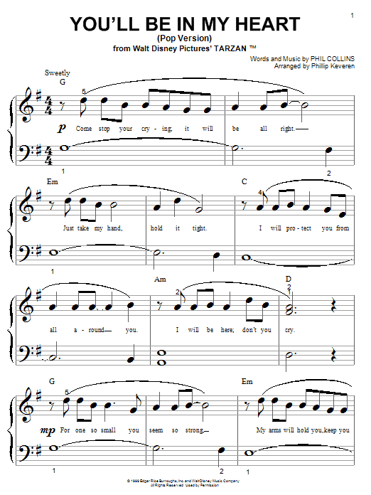 Phil Collins You'll Be In My Heart (Pop Version) Sheet Music Notes & Chords for Piano (Big Notes) - Download or Print PDF