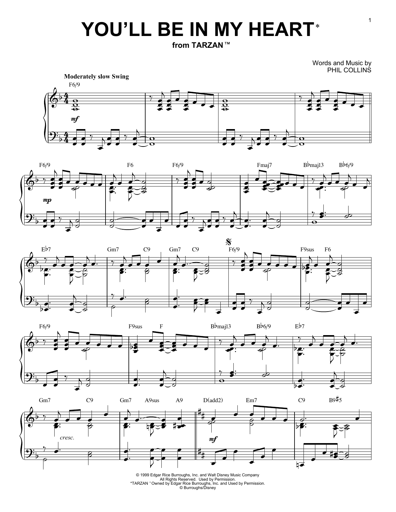 Phil Collins You'll Be In My Heart [Jazz version] (from Disney's Tarzan) Sheet Music Notes & Chords for Piano - Download or Print PDF