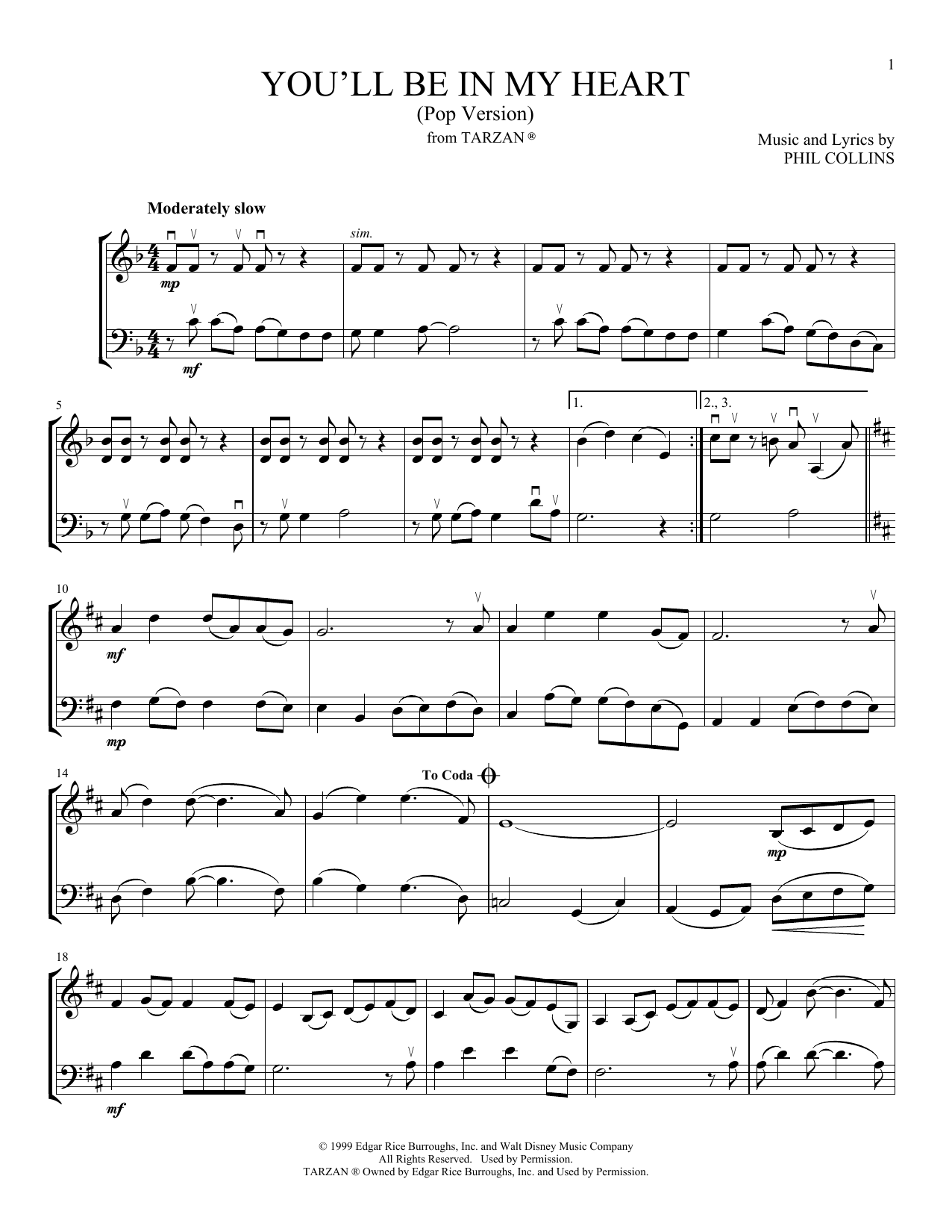 Phil Collins You'll Be In My Heart (Pop Version) (from Tarzan) (arr. Michelle Hynson) Sheet Music Notes & Chords for Instrumental Duet - Download or Print PDF
