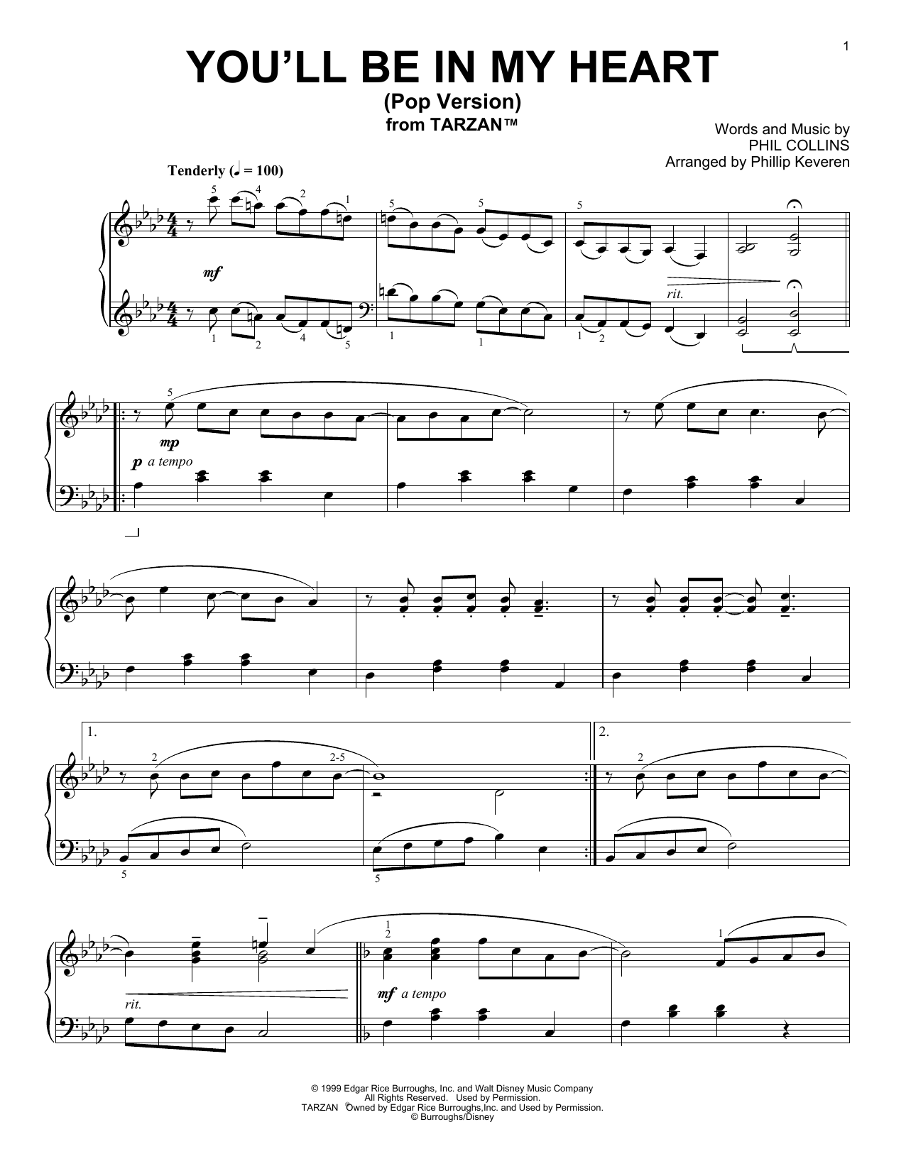 Phil Collins You'll Be In My Heart [Ragtime version] (from Tarzan) (arr. Phillip Keveren) Sheet Music Notes & Chords for Piano - Download or Print PDF
