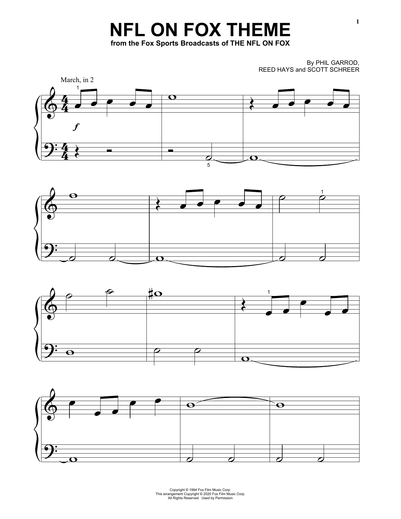Phil Garrod, Reed Hays and Scott Schreer NFL On Fox Theme Sheet Music Notes & Chords for Big Note Piano - Download or Print PDF