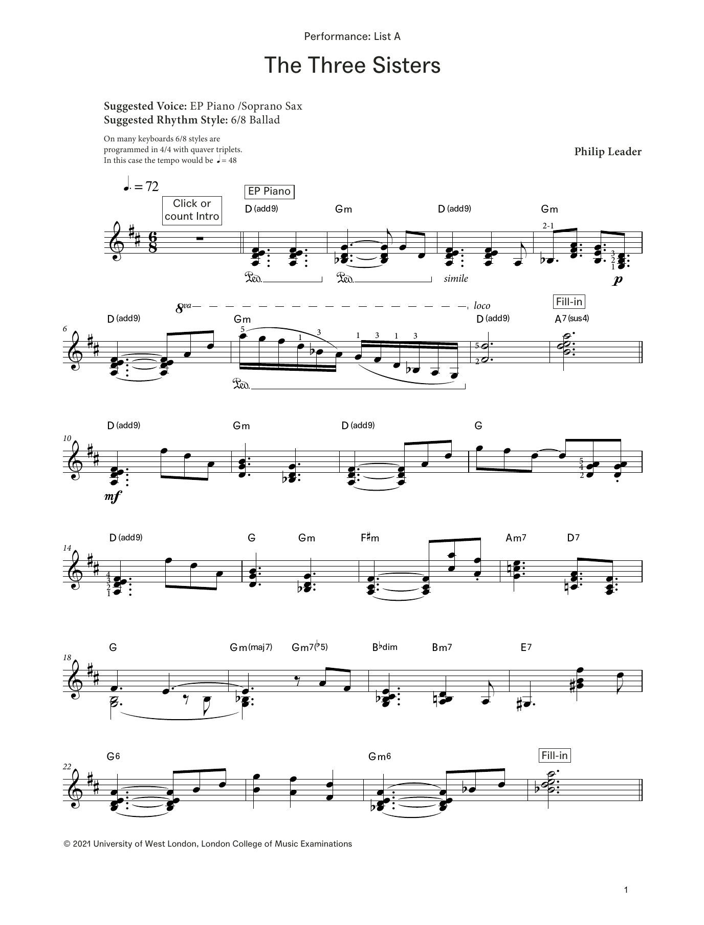 Phil Leader The Three Sisters (from LCME Electronic Keyboard Grade 7 List A) Sheet Music Notes & Chords for Piano Solo - Download or Print PDF