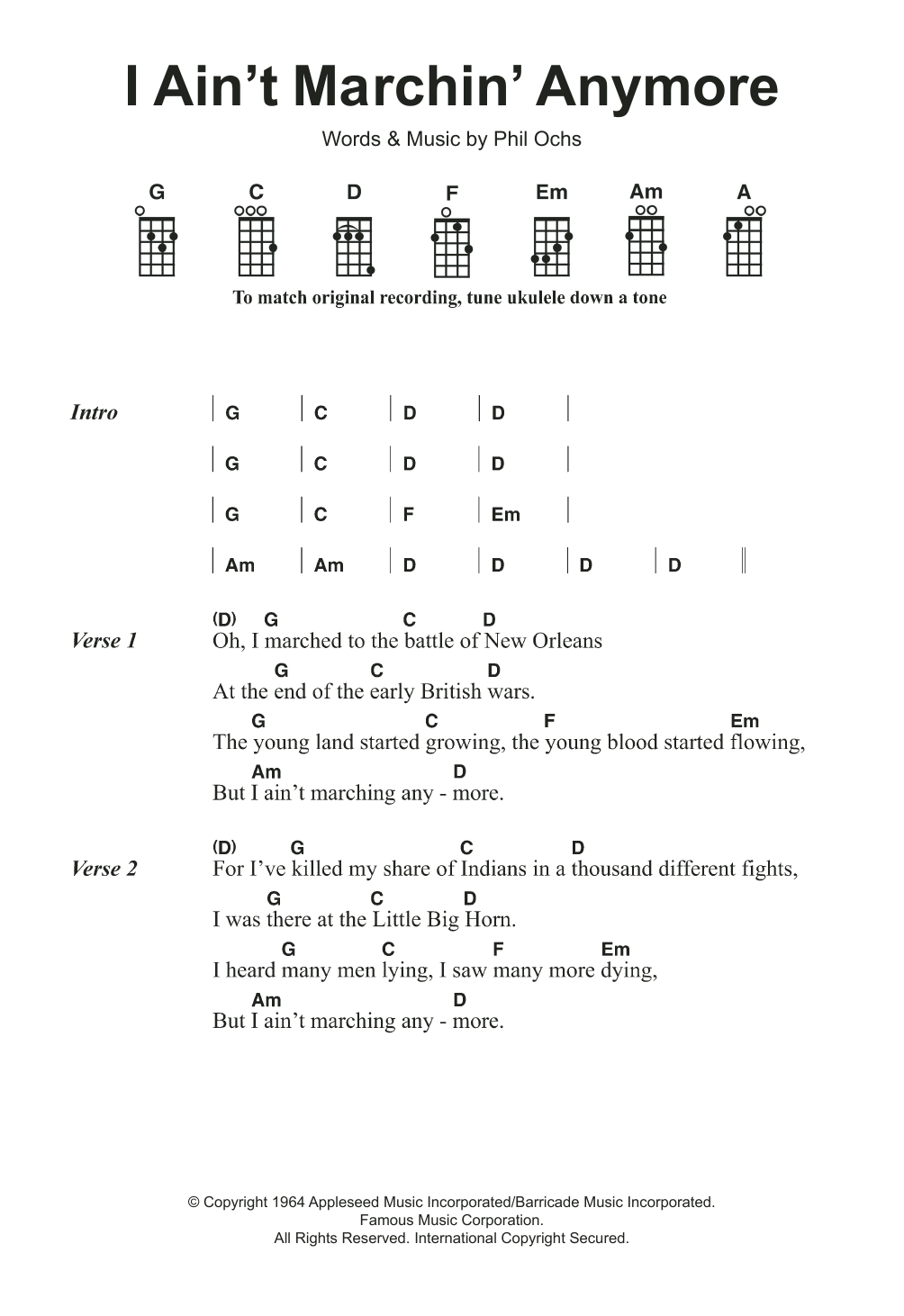 Phil Ochs I Ain't Marchin' Anymore Sheet Music Notes & Chords for Ukulele - Download or Print PDF