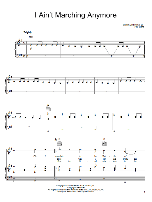 Phil Ochs I Ain't Marching Anymore Sheet Music Notes & Chords for Piano, Vocal & Guitar (Right-Hand Melody) - Download or Print PDF